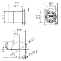 RJ connector 8P8C female inbouw terminal waterdicht IP65 afmetingen